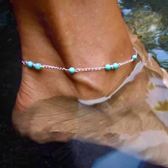 💜10/$25💜NEW Turquoise & Silver Beaded Bohemian Anklet - Picture 5 of 8